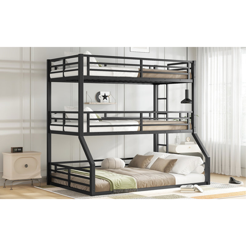 Lit superposé noir complet en métal, équipé d'une structure, de barrières de sécurité de longueur et d'une fabrication silencieuse, pour les chambres d'amis dans les pavillons de chasse, lit triple noir, avec structure robuste, minimisant