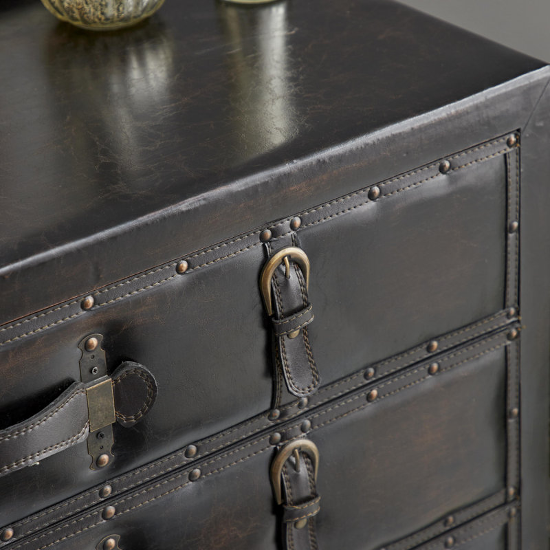 Isabel Black Wooden Vintage Faux Leather Room Chest with Buckles and Straps Detailing