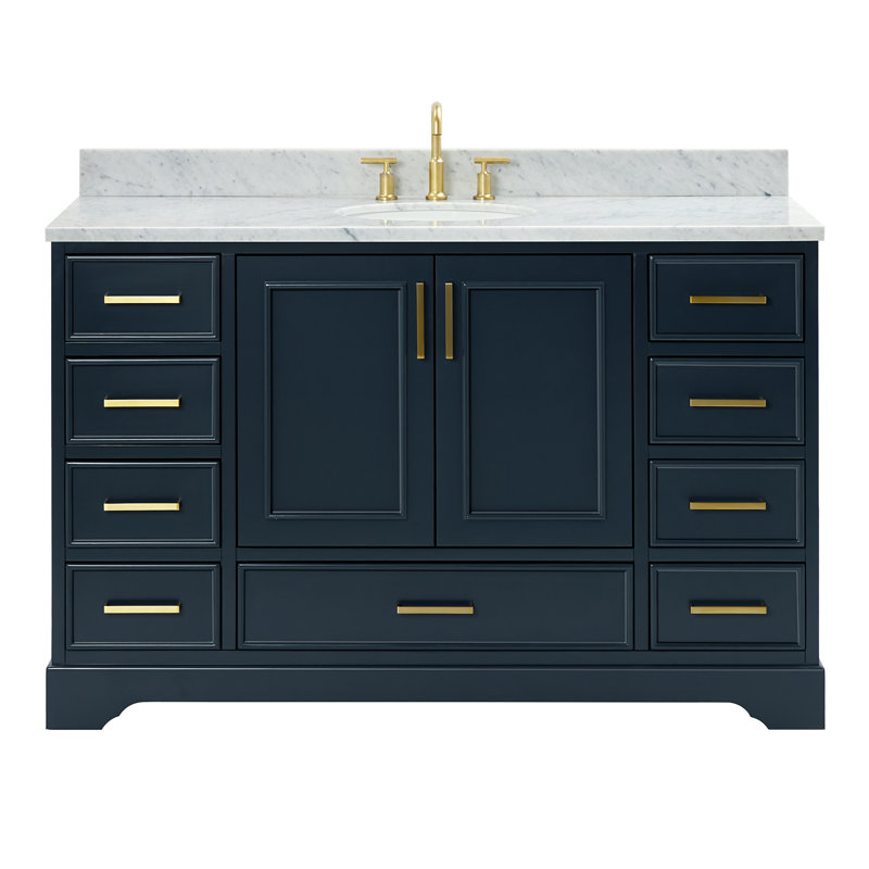 55'' Single Bathroom Vanity with Carrara Marble Top, Midnight Blue