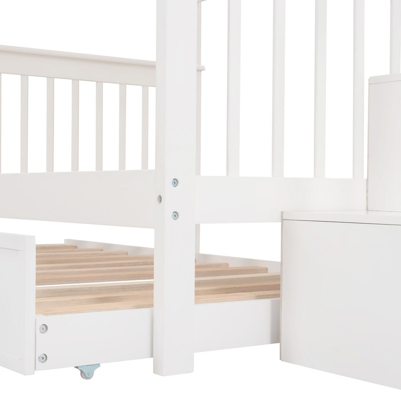 Lit superposé d'escalier de chambre à coucher en blanc - Lit double avec lit gigogne simple et rangement organisé, Blanc