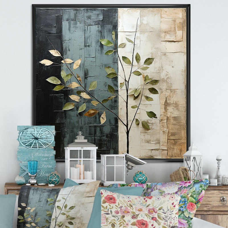 «Slate Elm Harmony Leaves I», reproduction sur toile, Cadre flottant noir, H 24 po x l 24 po x P 1 po