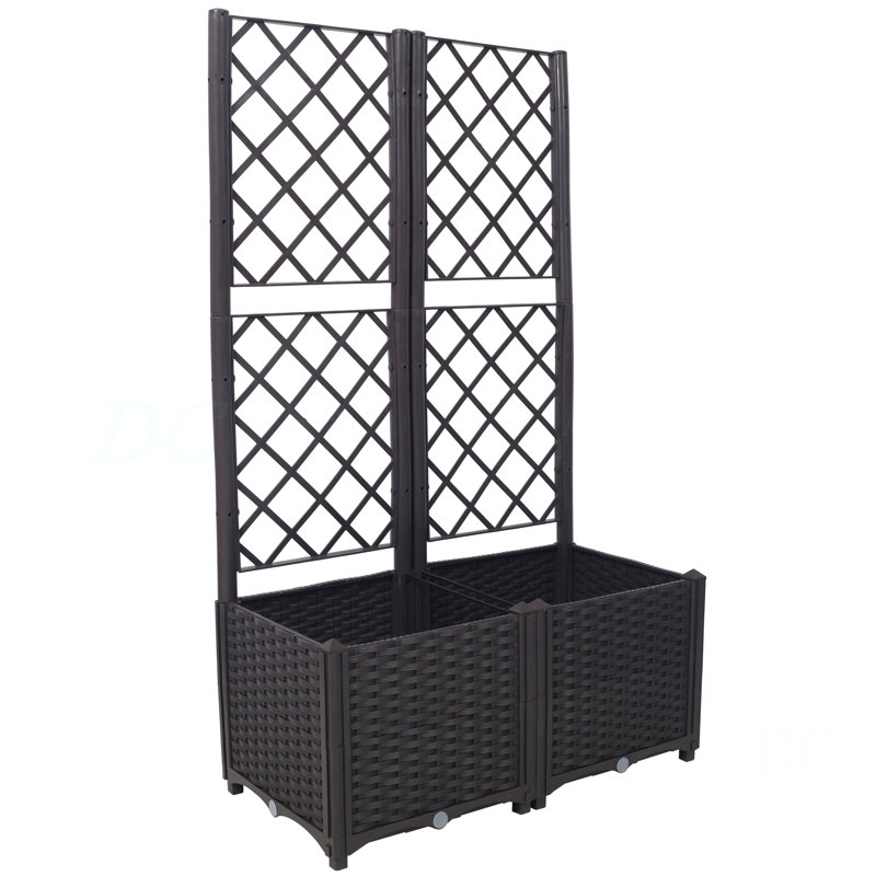 Poly Rattan Brown Trellis Raised Bed  With Drainage Plug - 2 Removable Pots With Large Flower Boxes - Built-In Support For Climbing Plants - Outdoor Patio Garden Decoration