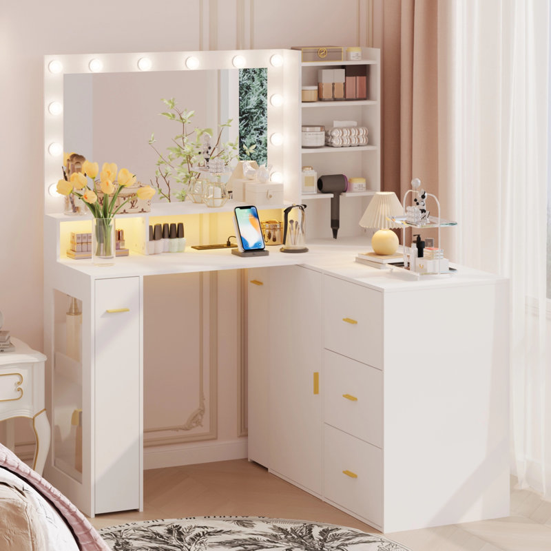 Bureau de maquillage avec miroir lumineux et station de charge, meuble-lavabo de coin, forme de L