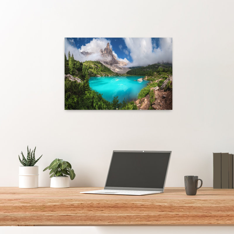 «Turquoise Mountain Lake Dramatic Peaceful Serene Forest Landscape», reproduction d'art, H 16 po x l 24 po