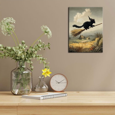Black Cat Canvas Wall Art Vintage Witch Cat Broom Wall Decor Picture Rustic Landscape Posters Prints For Halloween Party House Decoration 12X16in
