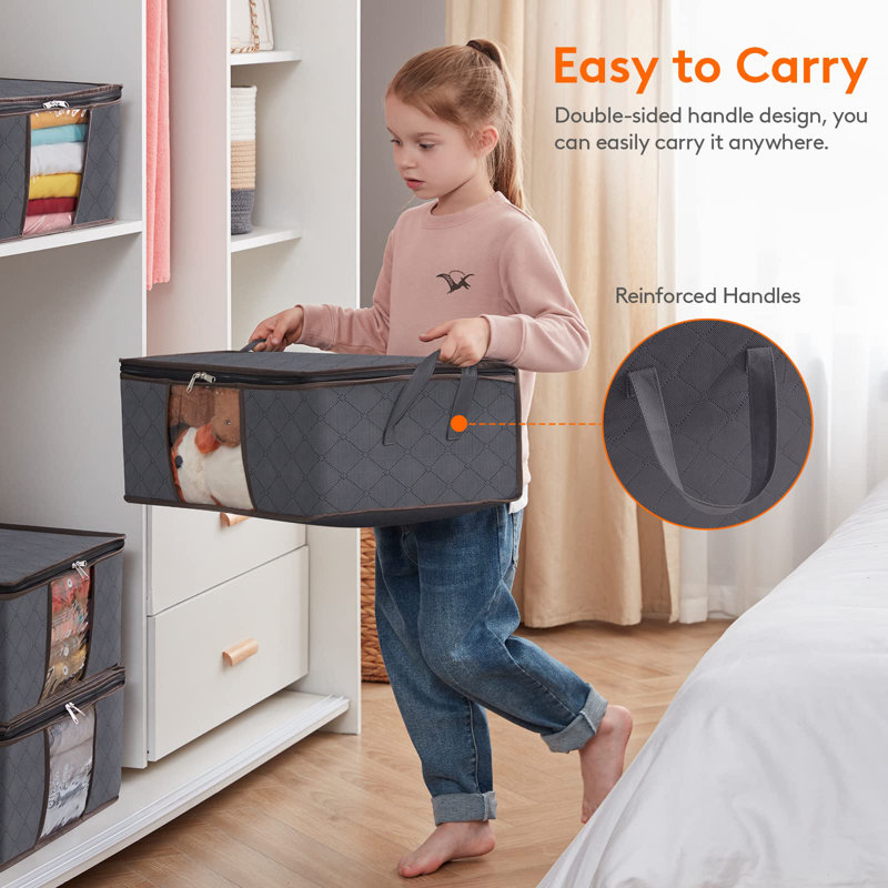 Clothes Storage Bag Foldable Storage Bin Closet Organizer With Reinforced Handle Sturdy Fabric Clear Window For Sweaters, Coats, T-Shirts, Blankets, 6 Pack, Grey