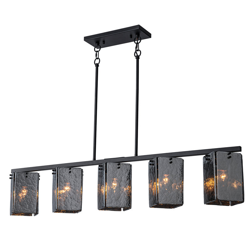 Suspension linéaire à 5 lumières noir mat pour îlot de cuisine avec abat-jour en verre texturé fumé pour salle à manger