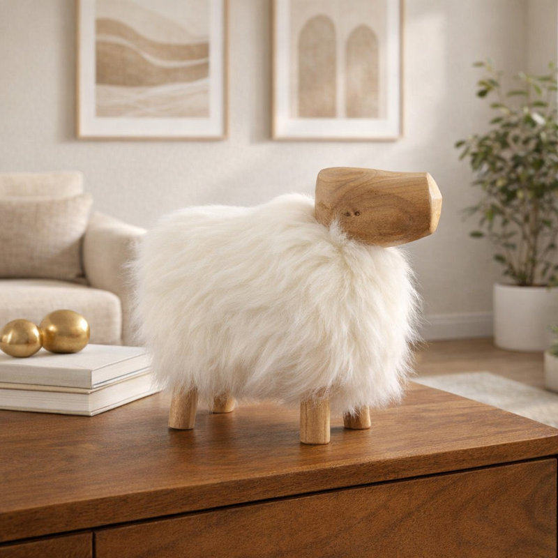 Rayne Figurine Bamboo Wood Hand-Carved Animal with Faux Fur 10" Ivory Tan for Home Office Bedroom Living Room Decor Casual Style