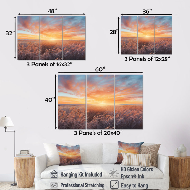 Ensemble de salon mural Tranquil Prairies At Sunrise - Prairies, Toile tendue, H 40 po x l 60 po x P 1 po