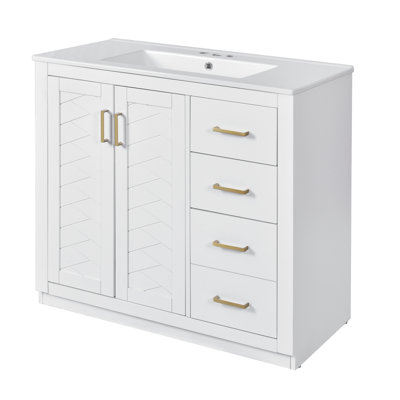 Ensemble de meuble-lavabo de qualité supérieure - lavabo en céramique, structure en bois massif avec 3 tiroirs et rangement à fermeture en douceur