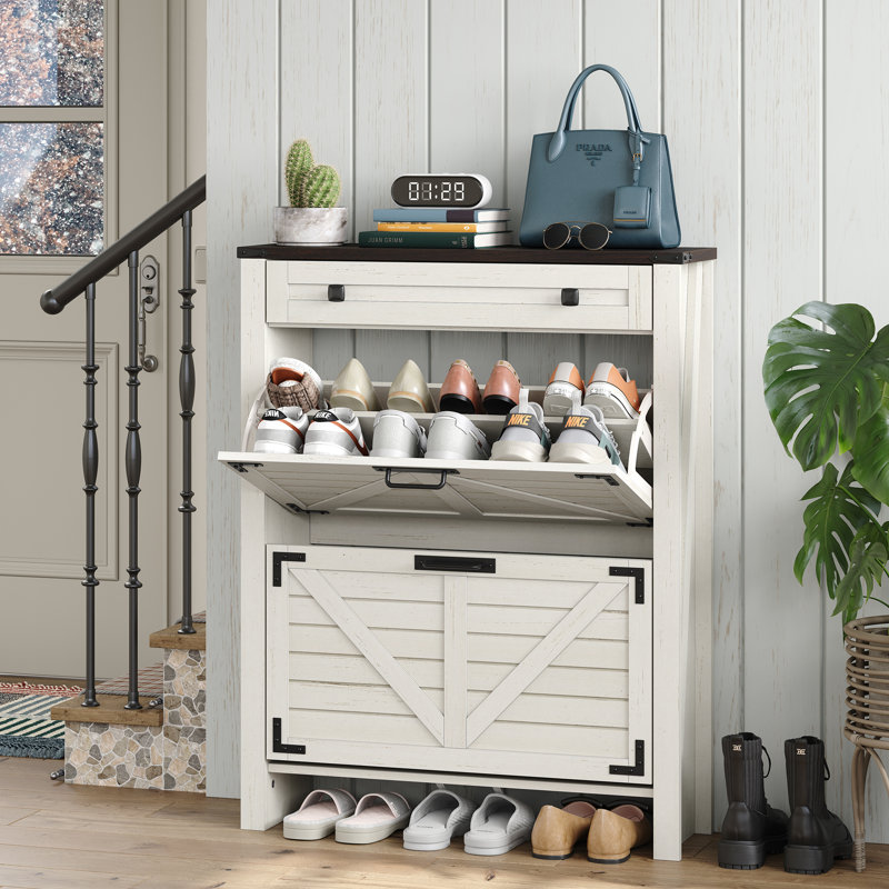 16 Pair Shoe Storage Cabinet with 2 Flip Drawers,Farmhouse Shoe Cabinet for Entryway,Off-White, White/Dark Brown