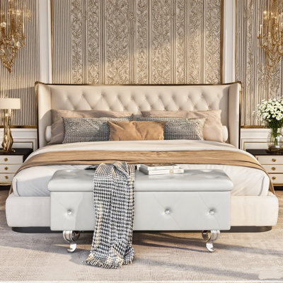 Banc de rangement avec repose-pieds pour la chambre à coucher, banc de hall d'entrée rembourré avec capitonnage à boutons, banc de rangement pliant avec pieds et charnière de sécurité pour le salon, la chambre à coucher, l'extrémité du lit, le v