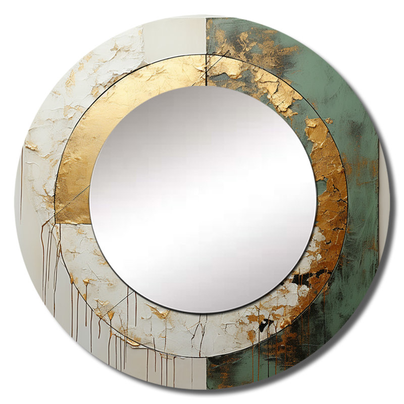 Selana Gold And Green Paint Fusion I - Abstract Painting Wall Mirror, Modern Round Decorative Mirror, Printed Metal Art