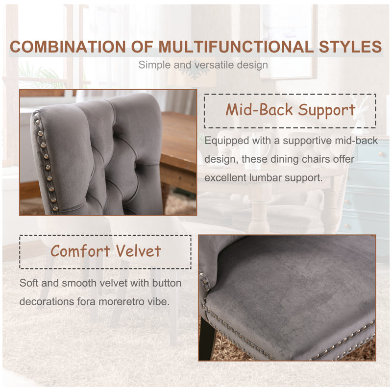 Gray Velvet Upholstered High Back Dining Chairs with Wood Legs, Set of 6