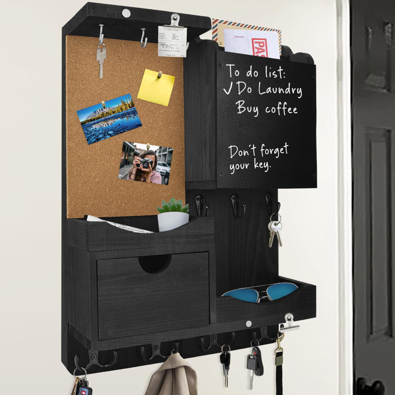 Black Pine Wood Wall Mounted Key and Mail Organizer with Chalkboard and Corkboard