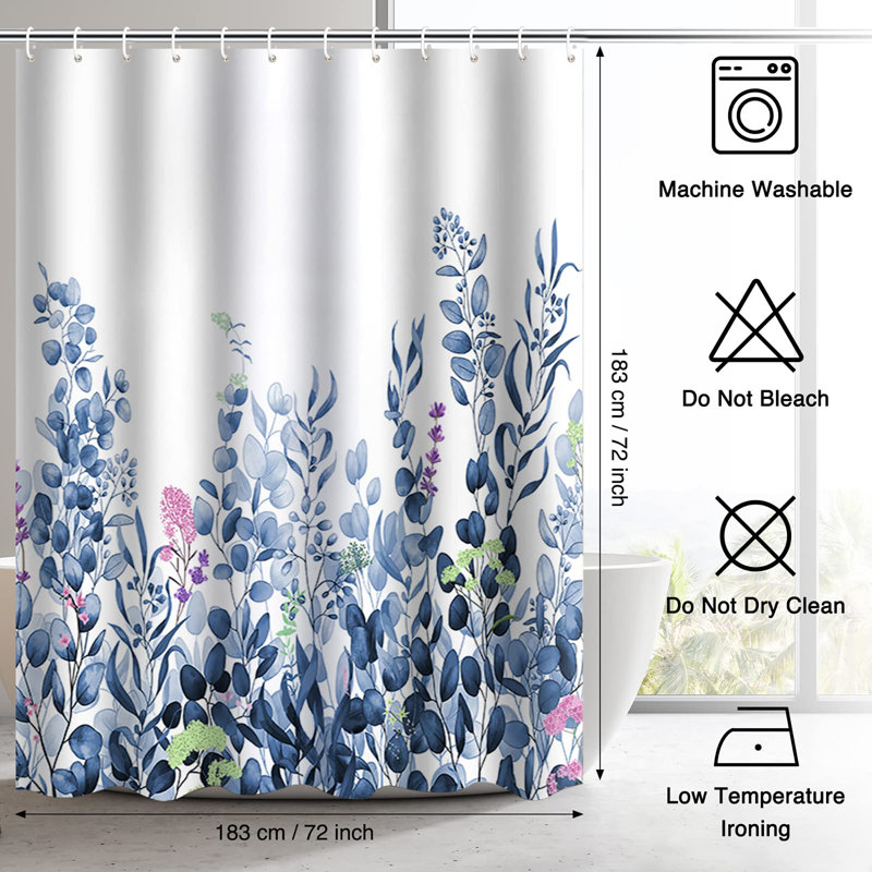Bathroom Shower Curtain with 12 Hooks, Blue Floral 1