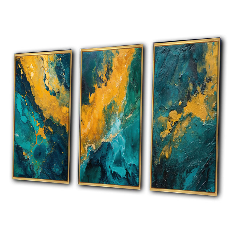 Coucher de soleil doré sur l'océan, ensemble de 3 reproductions d'art abstrait bleu sarcelle, Encadrement doré