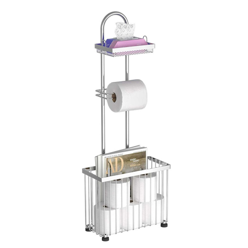 Silver Freestanding Toilet Paper Holder with Storage Shelf