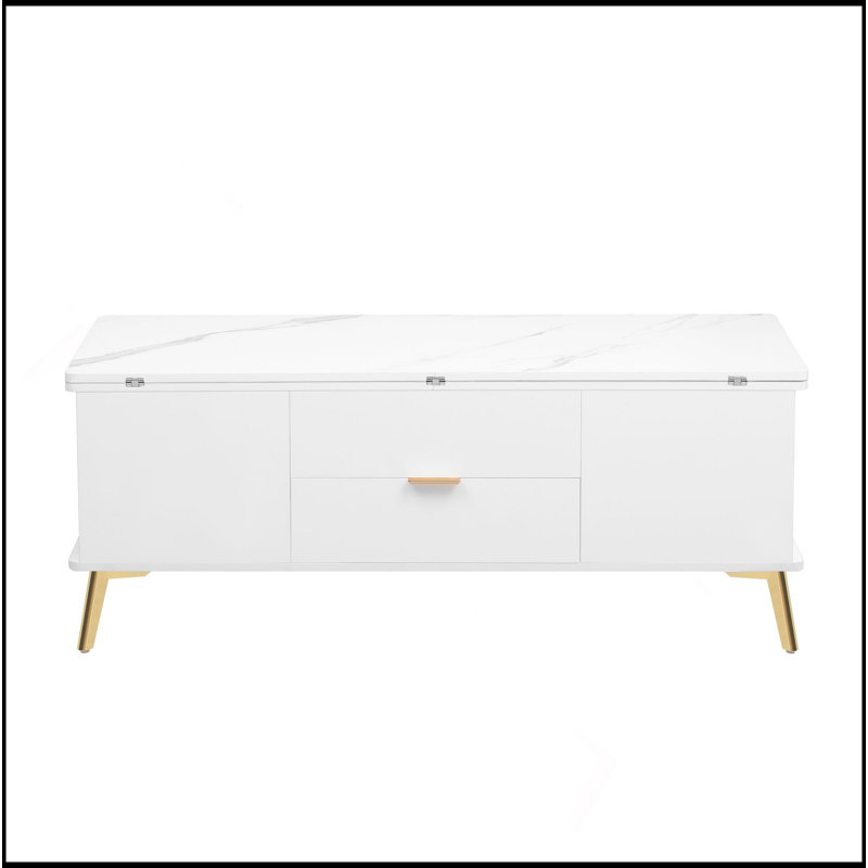 Table basse à plateau relevable moderne avec tiroirs et fonction de levage hydraulique, Blanc