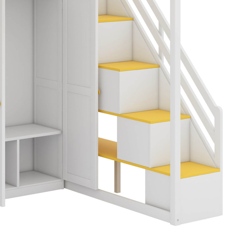 Lit mezzanine avec escalier de rangement, coiffeuse intégrée et garde-robe et armoires, lit mezzanine moderne avec miroir, charge USB et lumières