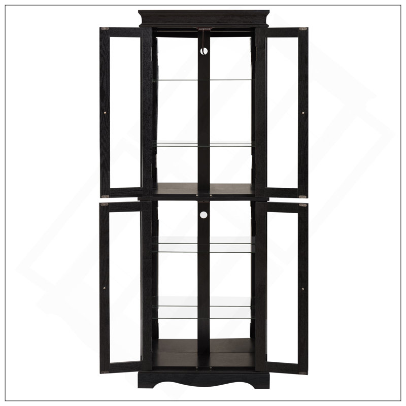 Lighted Glass Curio Display Cabinet With Wood Frame - Elegant Glass Storage For Wine, Toys & Collectibles - For Living Room, Kitchen & Pantry - Bulb Included, Black