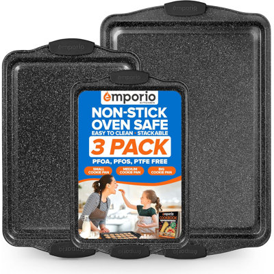 Baking Pan Set - Nonstick Coating, Carbon Steel Bakeware Sets With Gray Silicone Handles, Pfoa, Pfos, Ptfe Free, Recipe Booklet Included, Oven Safe Tray (up To 450° F), Set Of 3 - Gray