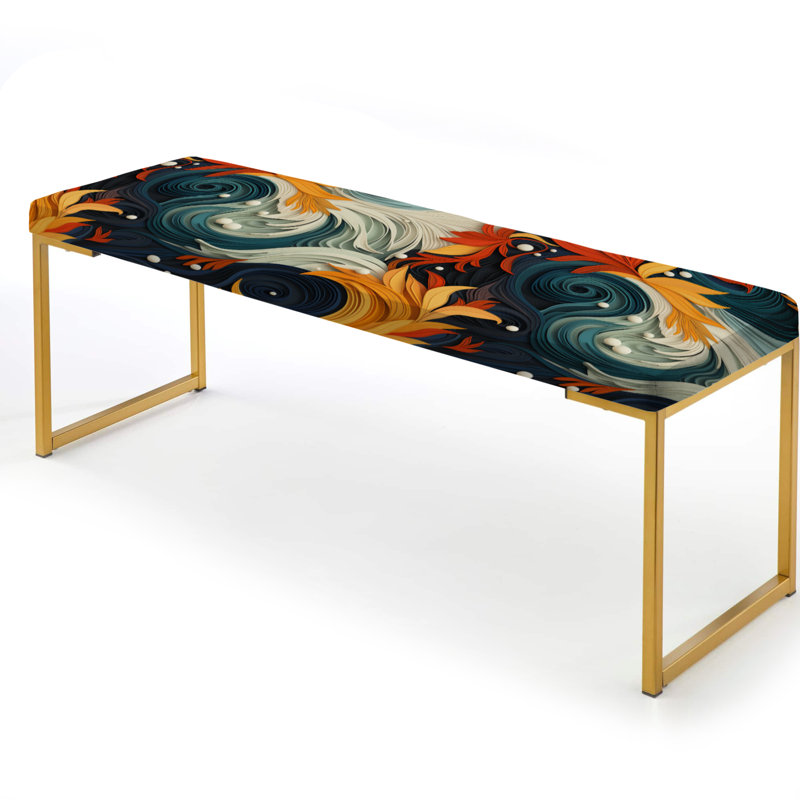 Abstract Upholstered Gold Bench, Teal And Yellow Harmony Within Chaos Foliage