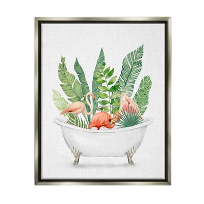 Tropical Flamingoes Bathtub Plants Gray Framed Floater Canvas Wall Art by Ziwei Li