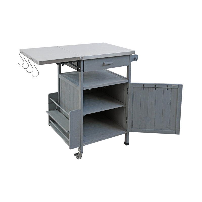 40.5-Inch Outdoor Grill Cart With Stainless Steel Top, Lockable Wheels Rolling Kitchen Cart, Blue-Gray