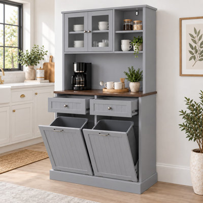 Armoire de cuisine de 172 cm (67,7 po) de hauteur avec portes vitrées, tiroirs et poubelle basculante de 75 litres (20 gallons) - Style campagnard - Gris