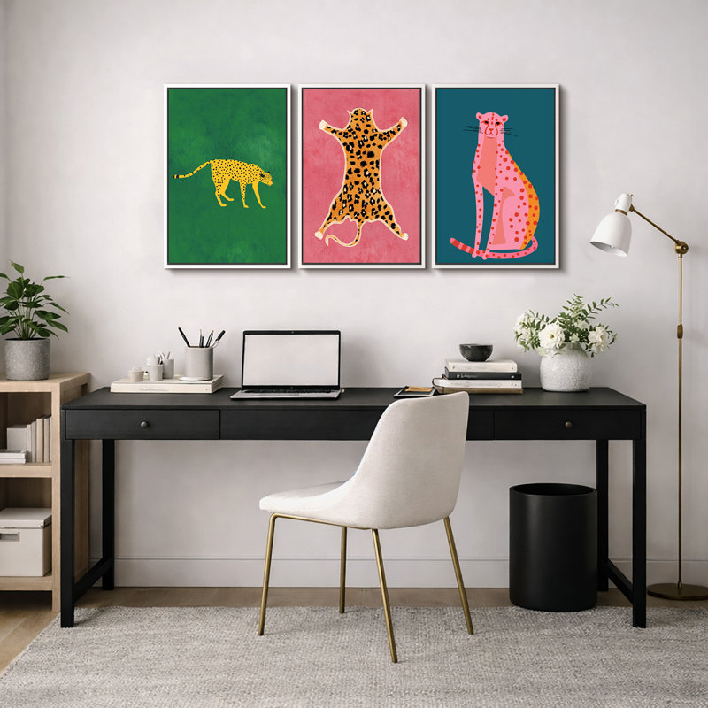 Bright Preppy Animals "Pop Vibrant Bold Green Pink Blue Artwork, Chic Tiger Leopard Colorful Wall Pictures, 3 Pieces Framed Canvas Giclee Digital Print Wall Art"