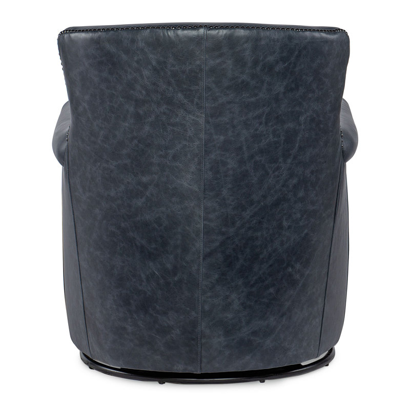 Blue Leather Swivel Accent Chair with Wood Frame