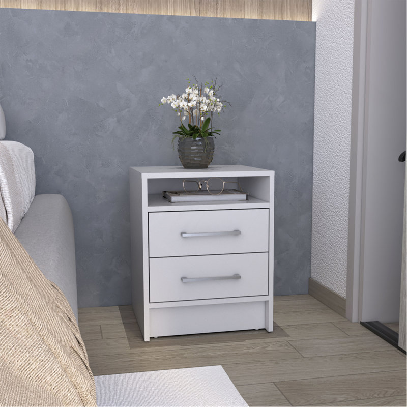 Table de chevet H 23,6 po, avec 2 tiroirs et 1 tablette, blanc, Blanc