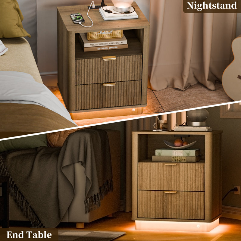  Table de chevet cannelée, table de chevet incurvée avec éclairage de station de charge, table de bout en bois avec 2 tiroirs, armoire de rangement moderne pour bureau de chambre à coucher (1, naturel)