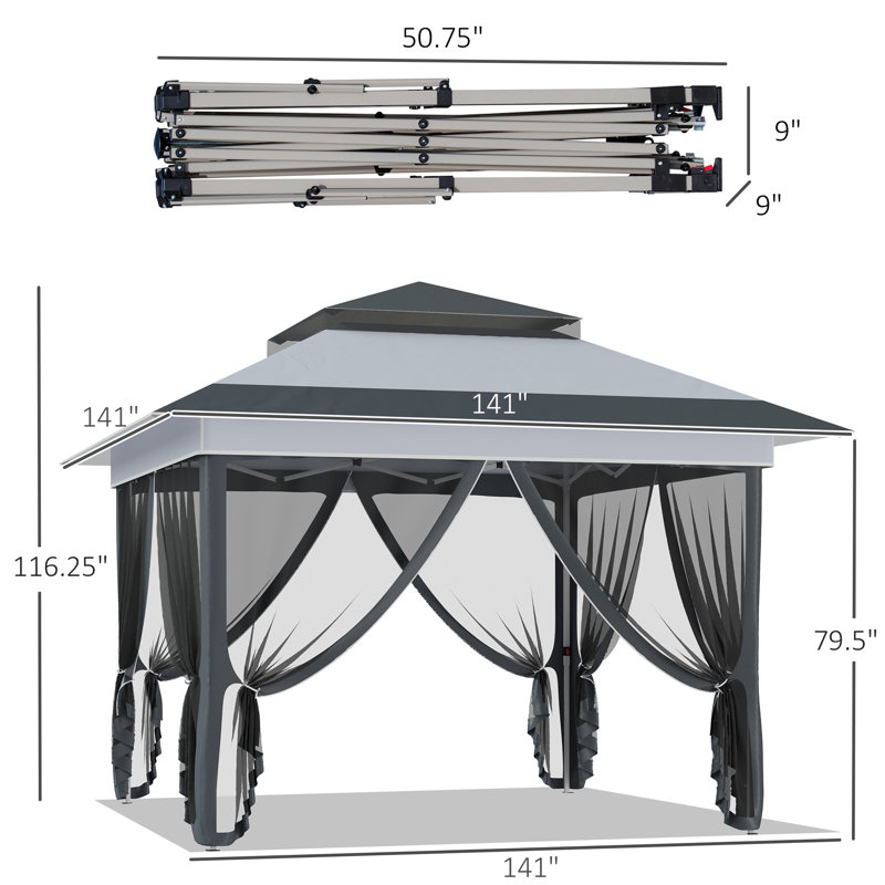 Outsunny Pop Up Canopy Tent with Netting and Carry Bag, Instant Sun Shelter, Gray