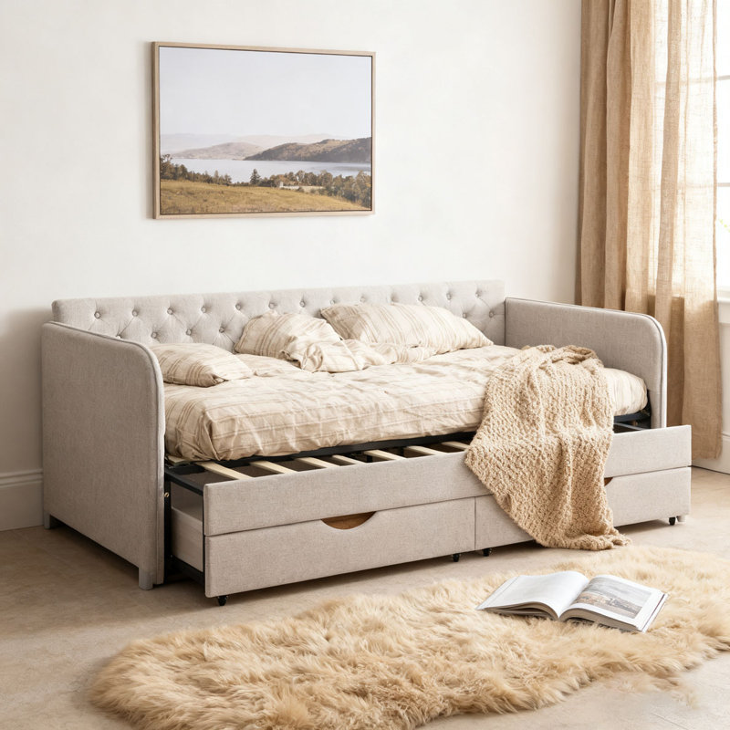 Twin Size Upholstery Daybed with Trundle Bed and Two Storage Drawers,Flat Arms with Pocket, Beige