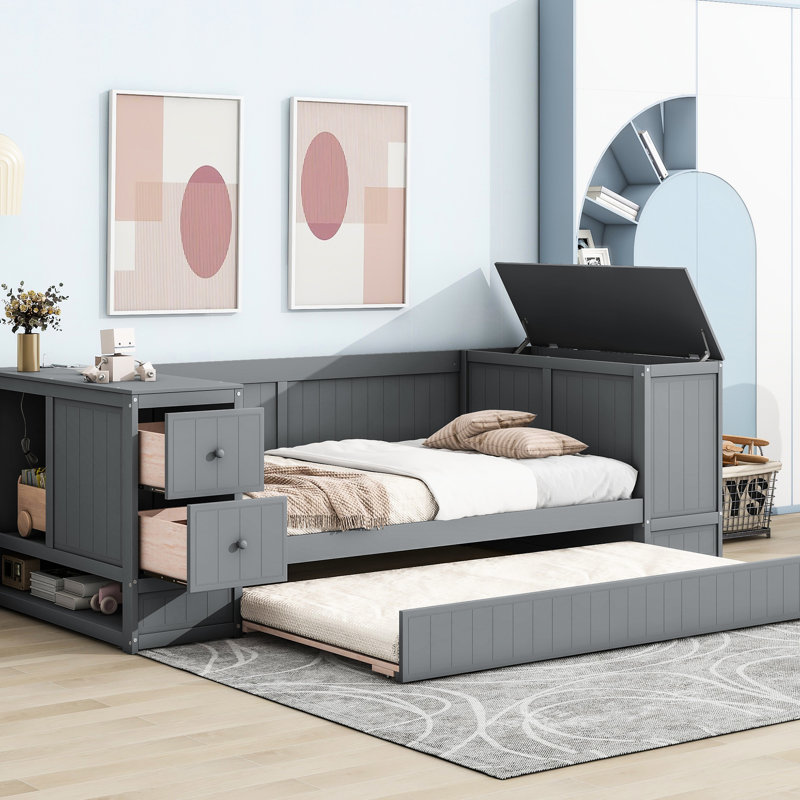 Lit de jour simple avec rangement, couchette et ports de charge électrique - Fabrication en bois solide dans les prises pratiques