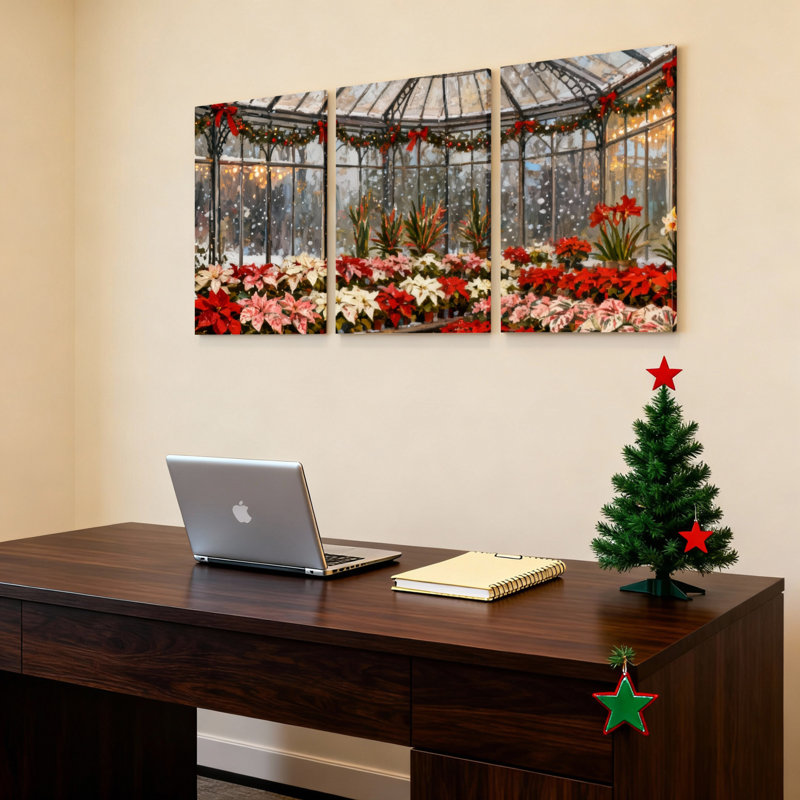 Ensemble de 3 tableaux sur toile tendue représentant des poinsettias de Noël pour serre ou jardin., H 30 po x l 60 po