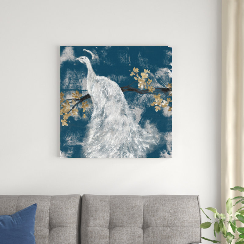 Paon blanc sur indigo II, H 30 po x l 30 po