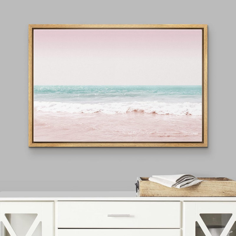 Plage côtière, rose, bleu sarcelle, vagues de l'océan, nature, paysage, illustrations, moderne, rustique, H 16 po x l 24 po