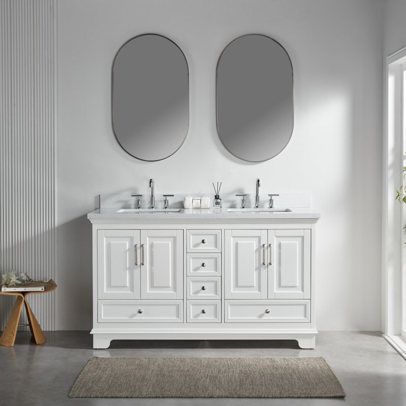 Meuble-lavabo double autoportant de 60 po avec pierre artificielle entièrement assemblé, Blanc