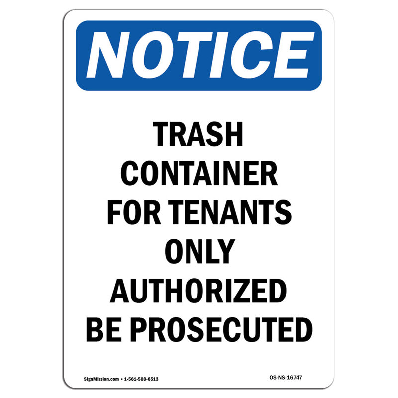 Trash Container for Tenants Only Sign