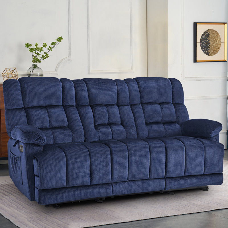 Power Reclining Sofa with Convertible Drop-Down console, Heat and Massage, 3 Seat Recliner Couch, Navy