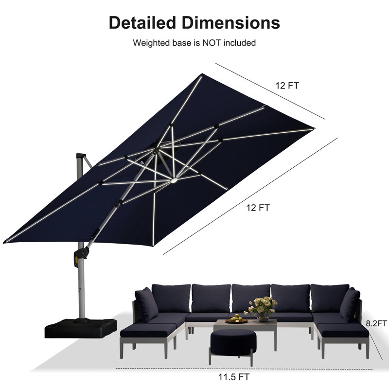 365cm Lighted Cantilever Parasol, Navy Blue