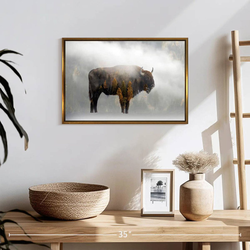 Bison de la forêt de pins, 19 po x 13 po, Cadre flottant doré