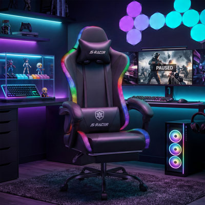 Ergonomic PC & Racing Game Chair with LED Lights & Massage Lumbar Pillow Adjustable Reclining Gaming Chair with Footrest
