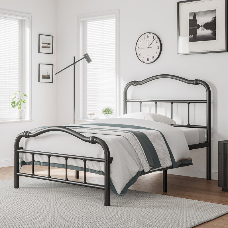 Amylia Double Wave Headboard and Footboard Heavy Duty Anti-sway 14in High Steel Tube Iron Bed with Storage, Extra-long Twin