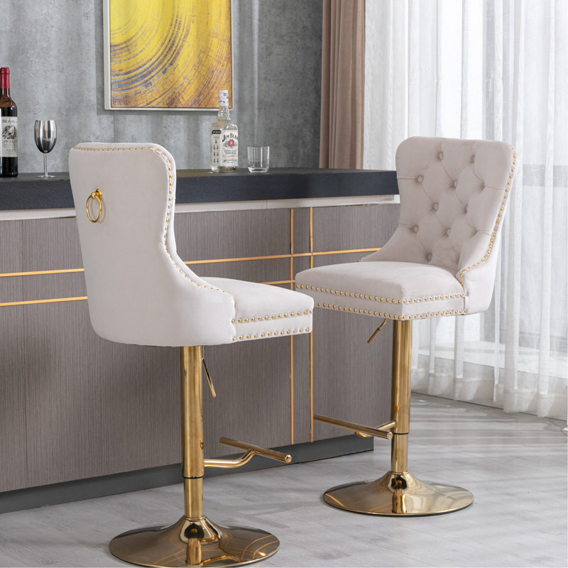 Velours beige - siège réglable de 27 à 35 pouces, dossier pour une fonctionnalité tendance, tabourets de bar confortables pour la maison et le pub, hauteur beige, pivot doré, îlot de cuisine à dossier de 2