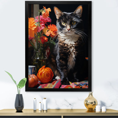 Stylish Feline Cat In Floral Blooms II - Cat Animal Wall Art