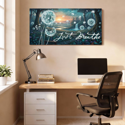 Tableau sur toile « Coucher de soleil dans une forêt de pissenlits » avec l'inscription « Just Breathe », idéal pour le salon, la chambre ou un espace de méditation.